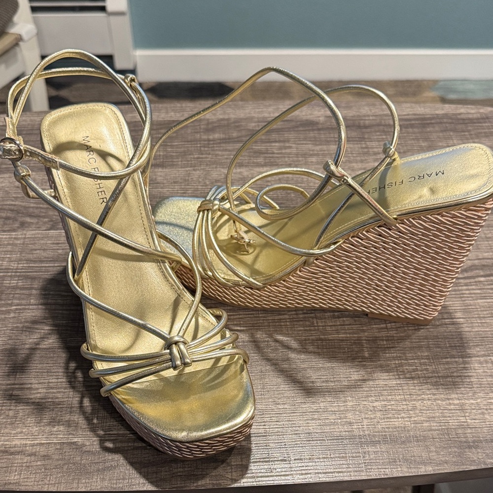 Marc Fisher Metallic Gold Strappy Wedge Sandals